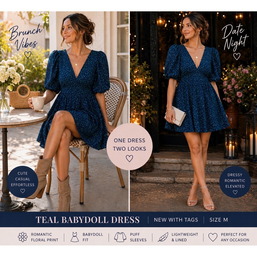 Teal Babydoll Mini Dress with Puff Sleeves